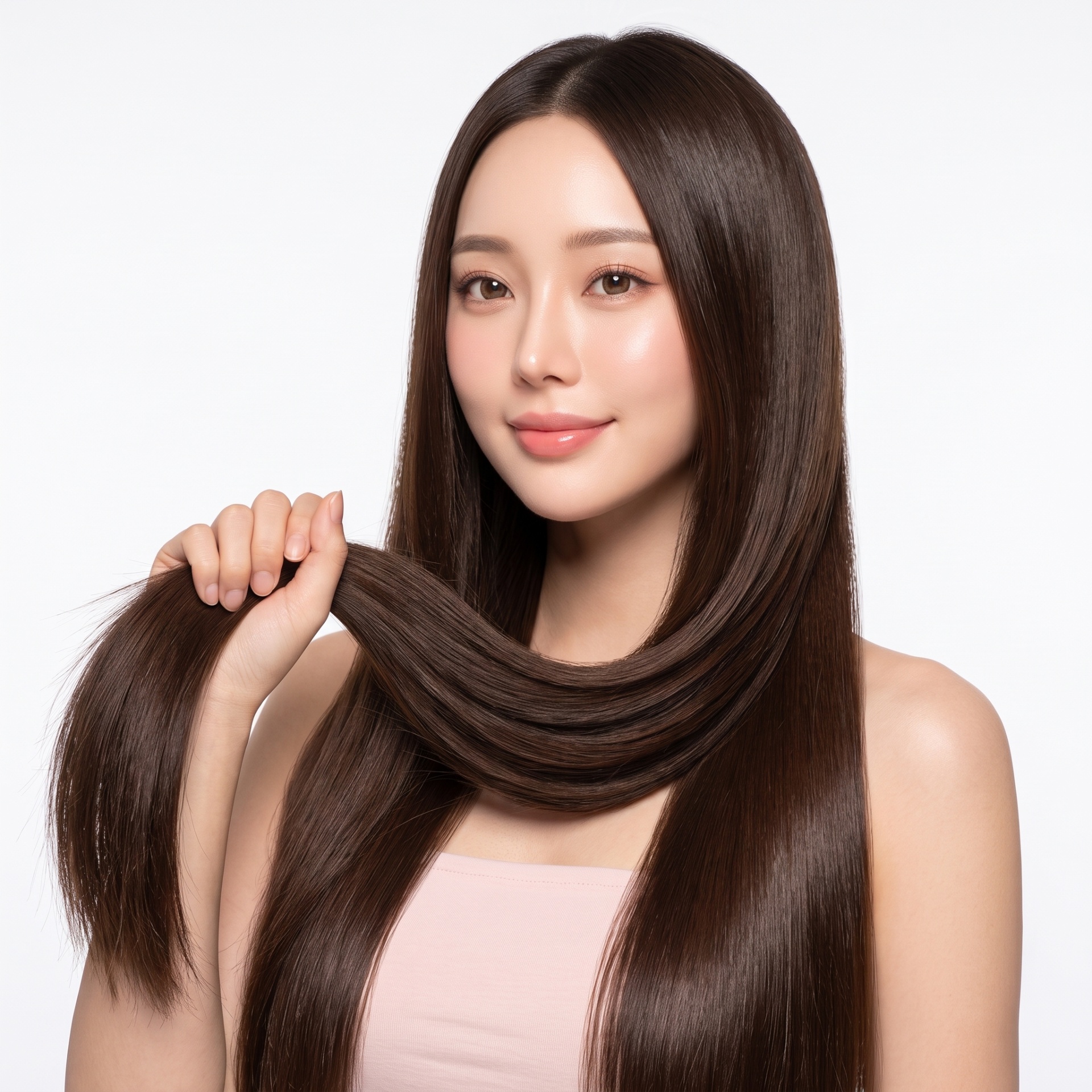 Mujer japonesa con cabello sano, largo y brillante